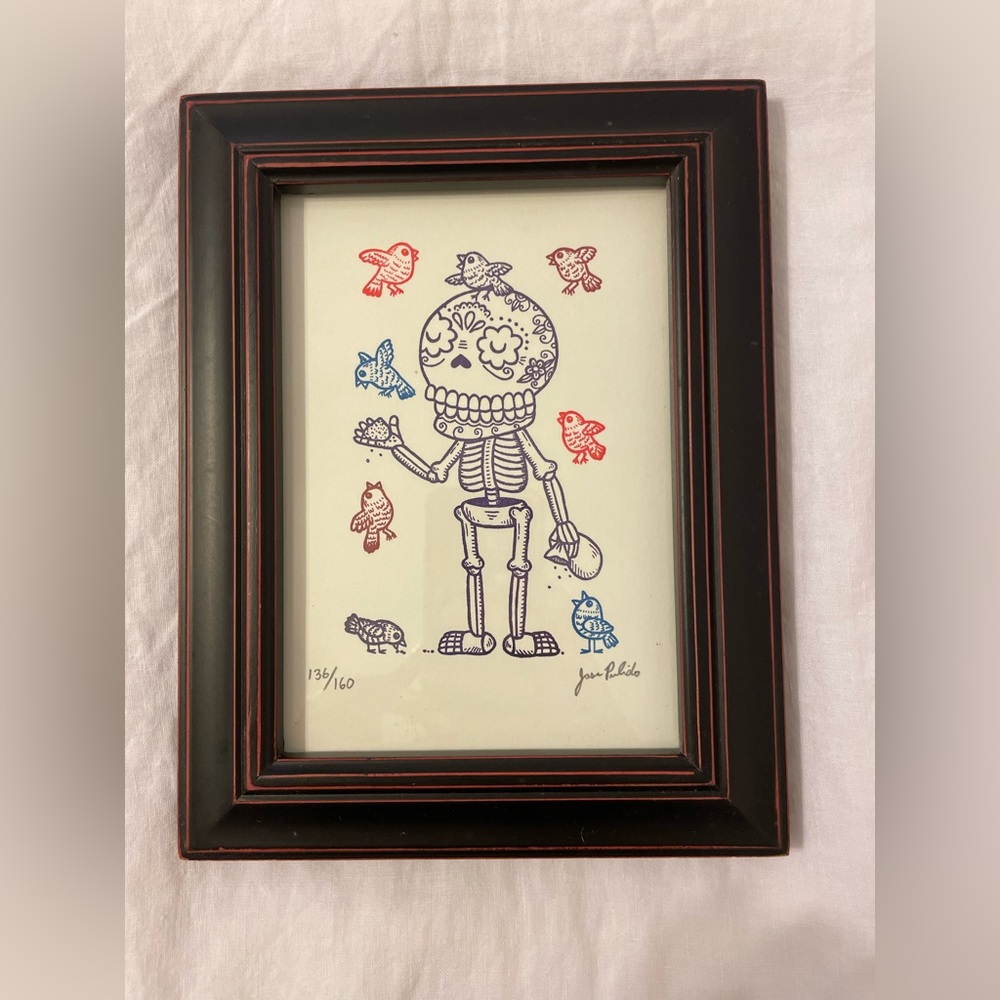 Framed Bird Feeder Calavera Gocco Serigraph Artist Proof by MisNopalesArt